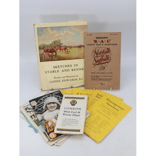 132 - A selection of RAC vintage route planners, book of sketches including horses, and other ephemera