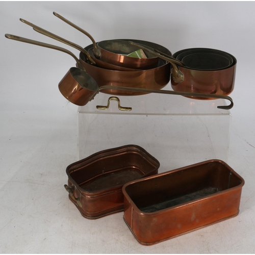 325 - Good quality French copper pans, ladle and other copperwares.