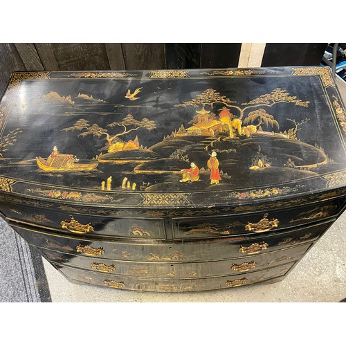 462 - Vintage oriental chinoiserie lacquered 2 over 3 chest of drawers measures approx. 105cm x 52cm deep ... 