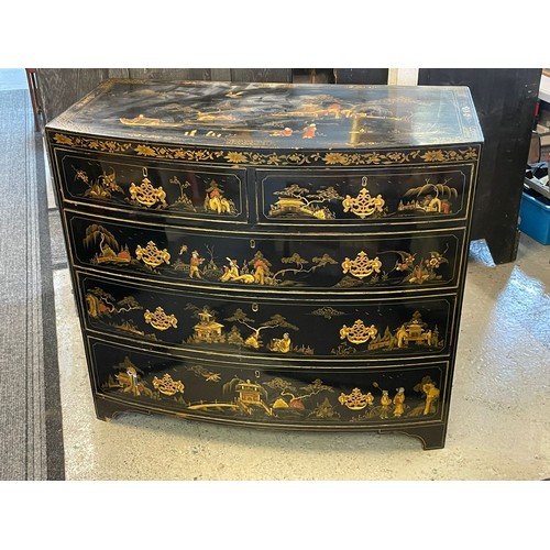 462 - Vintage oriental chinoiserie lacquered 2 over 3 chest of drawers measures approx. 105cm x 52cm deep ... 