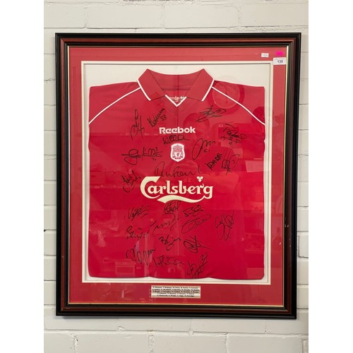 135 - Framed Liverpool Football shirt, signed by the Liverpool players who completed a unique treble of th... 