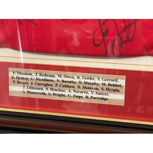 135 - Framed Liverpool Football shirt, signed by the Liverpool players who completed a unique treble of th... 