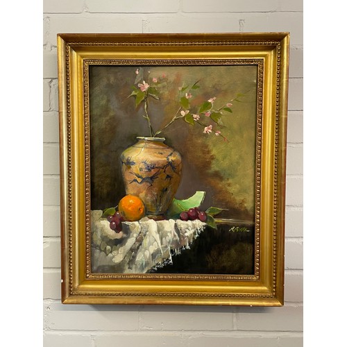 137 - Oil on canvas by Robert Barra still life of flowers and fruit (picture measures 49cm x 39cm)