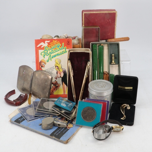 125 - Curio lot to include coins, costume jewellery, watches, buttons, sealing wax, pens, Bamforth's book ... 