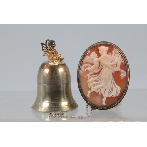 212 - A silver hallmarked tooth fairy bell in original box together with a cameo brooch