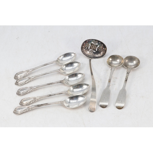 32 - Five silver hallmarked teaspoons, two hallmarked mustard spoons, and a silver strainer ( approx. wei... 