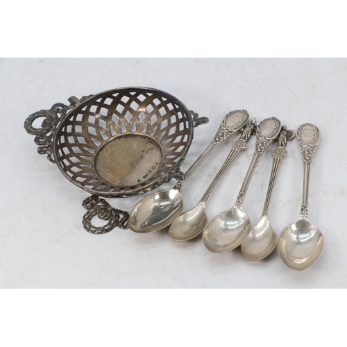 45 - Selection of silver spoons two of which are 800 grade, silver two handled basket in need of repair b... 