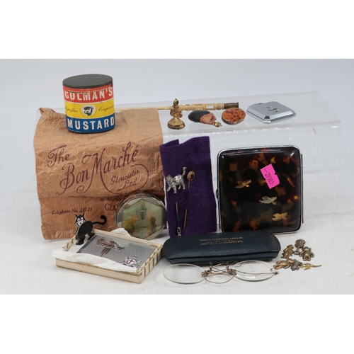 81 - Quantity of assorted curio items to include Colman Mustard tin, Seal fob, stanhope, articulated Feli... 