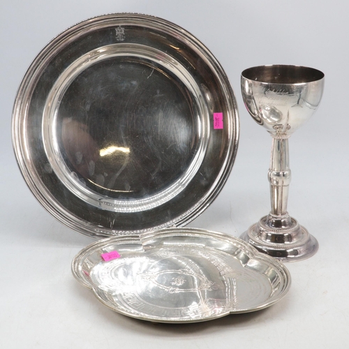 87 - A silver plated card tray, plate and a presentation goblet