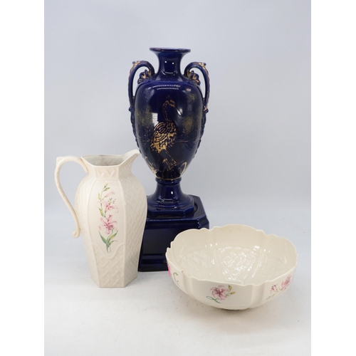 92 - Millennium Belleek pitcher and matching bowl together with an Urn on stand (damage noted to the stan... 