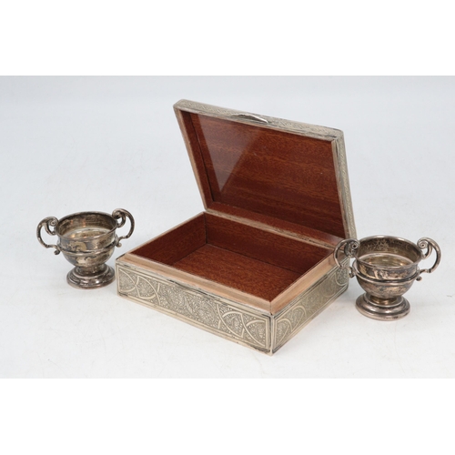 5A - Egyptian silver? engine turned cigarette box with wooden lining inside, together with two miniature ... 