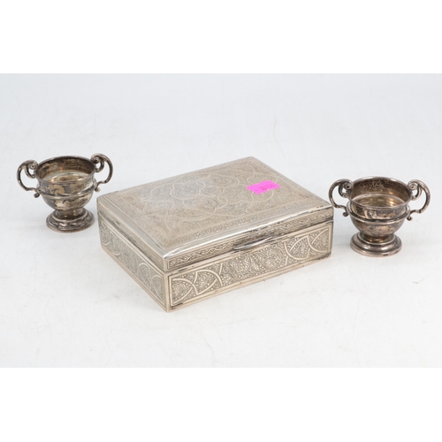 5A - Egyptian silver? engine turned cigarette box with wooden lining inside, together with two miniature ... 