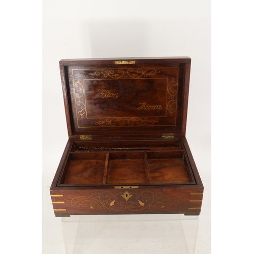 21 - A wooden writing box with brass inlay. Inside the lid it has Ellen Thomas in brass.