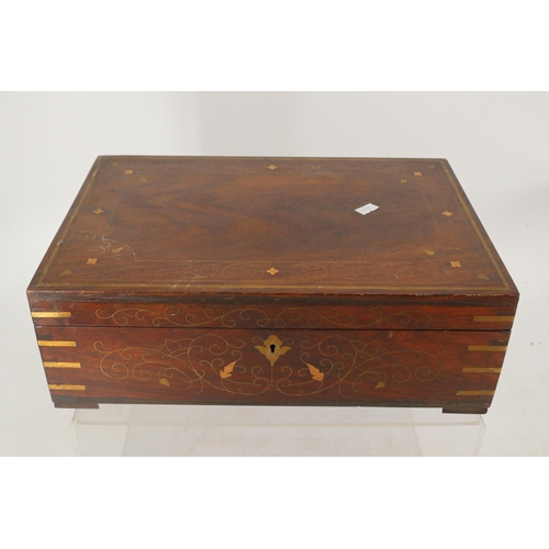 21 - A wooden writing box with brass inlay. Inside the lid it has Ellen Thomas in brass.