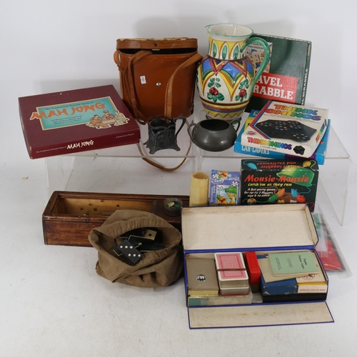 25 - Assortment of games including dominoes, cards, Mahjong game, Viper 7x50 binoculars, pewter and jug e... 