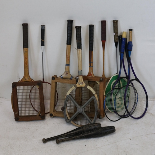 61 - Collection of vintage badminton rackets in presses together with modern badminton rackets and two ro... 