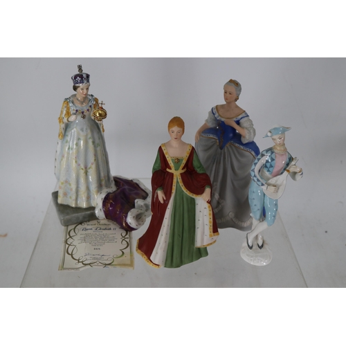 84 - A Royal Doulton model of QE2, Franklin 
Mint Catherine the Great and Isabella of Spain and a damage ... 