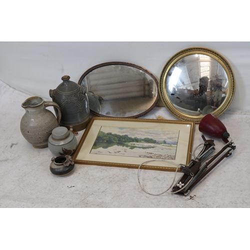 107 - Two vintage mirrors together with four items of studio pottery, a watercolour and a desk clamp angle... 