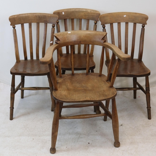 126 - Set of farmhouse chairs, two carvers and three dining chairs (one carver and three chairs shown)