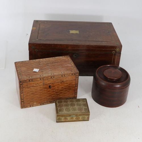 132 - Writing slope (inspect) with brass inset decoration, tea caddy missing internal lids, oriental brass... 