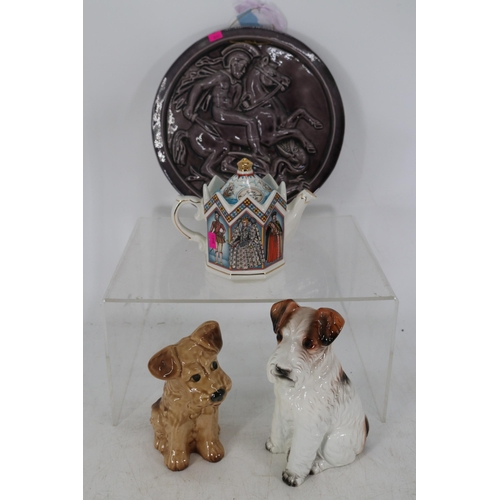 134 - St George and Dragon plaque together with pottery dogs and Sadler tea pot