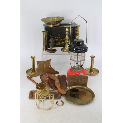 253 - Ammunition tin together with a hurricane lamp and assorted brass and copper items