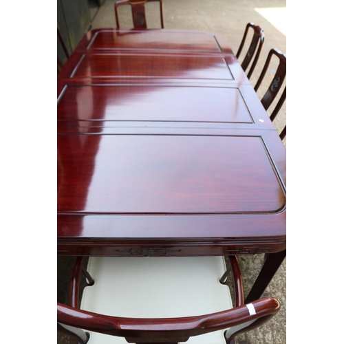 233 - Chinese Rosewood Dining table together with 6 chairs and 2 carvers (8 total) unextended measures app... 