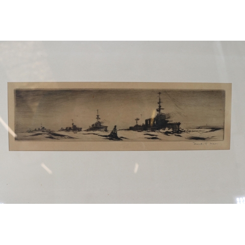 268 - Naval print of a convoy of ships by Frank H Mason together with a celerbratory silk from HMS Majesti... 