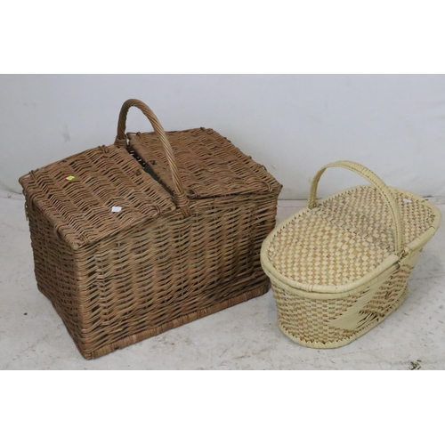 187 - Three wicker baskets, quantity of table linen, log basket with fir cones, picnic hamper containing d... 