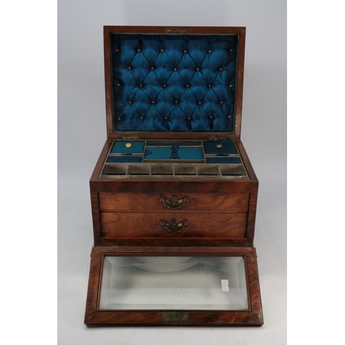 124 - Antique jewellery box / travel compendium with fitted jewellery tray, over two drawers fronted by a ... 