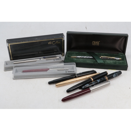 127 - Boxed Cross pen, two parkers, four fountain pens etc