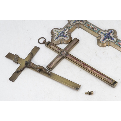 144 - A antique metal based cross with micro mosaic decoration (approx. 36cm long) together with a smaller... 