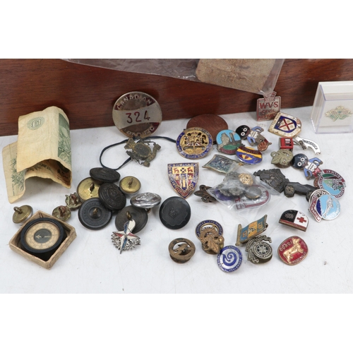 146 - Oak box with contents of enamel badges, small compass and an imperial airways original soap bar