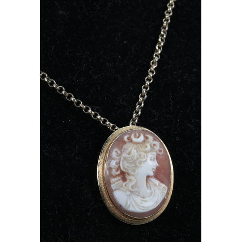 313 - 9ct gold necklace with cameo pendant in 750 gold mount, overall approx. weight 10g