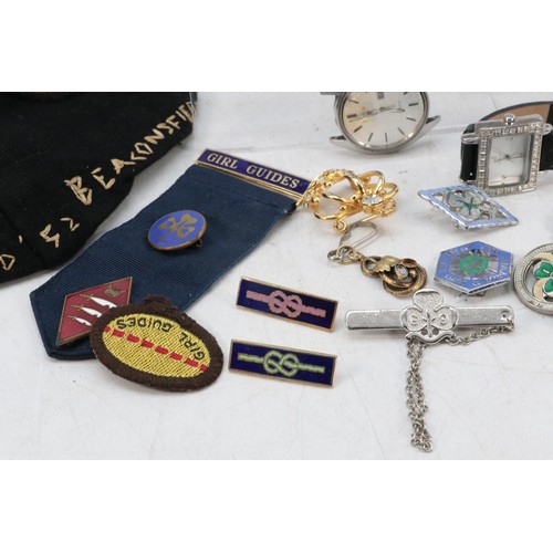 357 - Brownie Badges, cap, costume jewellery and watches