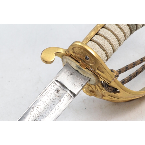 388 - Royal Navy 1827 pattern sword retailed by Jieves with folding guard, scabbard, belt and sword leathe... 