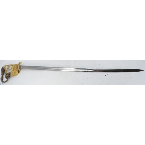 388 - Royal Navy 1827 pattern sword retailed by Jieves with folding guard, scabbard, belt and sword leathe... 