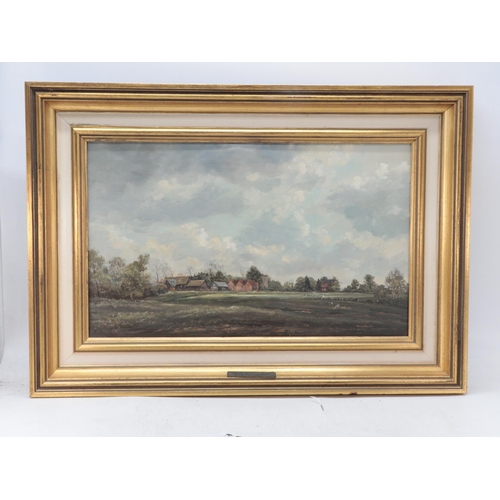 678 - Edward Stamp, oil on canvas, View of Dunton, Buckinghamshire, signed and dated 1977 (measures approx... 