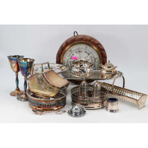 689 - Two silver plated coasters, two plated goblets, selection of plated dishes, condiments and a piecrus... 