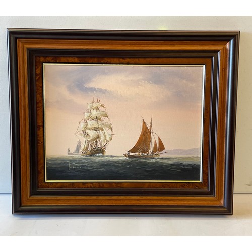 675 - A Ken Howard oil on canvas of sailing vessels and galleons on the sea (approx. 40cm x 30cm)