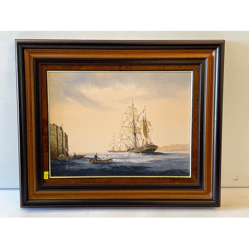 674 - A Ken Howard oil on canvas depicting a sailing vessels and passengers in rowing boats (approx. 40 x ... 