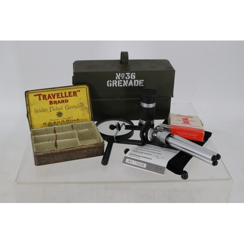 48 - Collection of general sundries to include No36 grenade tin, Traveller brand tobacco box etc