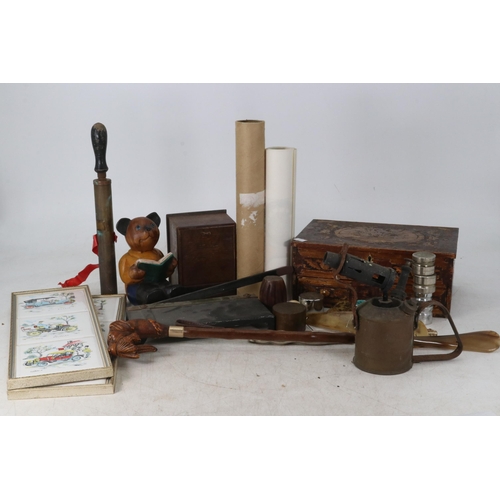 62 - An assortment of collectables and curios to include a marquetry box, a cigarette dispensing case, a ... 