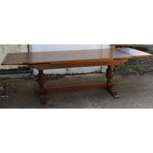 99 - Old charm Large oak extending dining table and six chairs rexine covered backs and seats, table meas... 