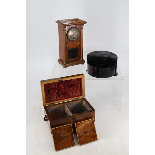 65 - Antique small mantle clock together with a Bakelite? desk tidy and a tea caddy