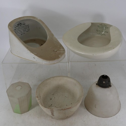 287 - Quantity of stone bed warmers together with two slipper bed pans, large mortar, art deco light shade... 