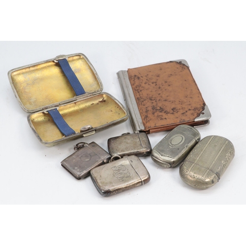 23 - 3 silver vesta cases together with two plated, leather notebook and a plated cigarette case