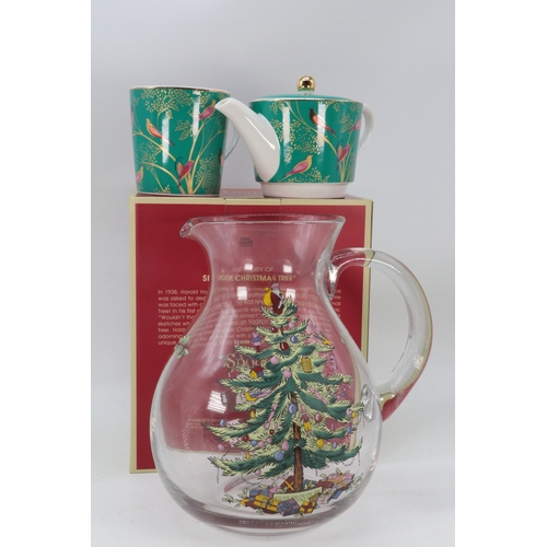 33 - Sara Miller Portmeirion boxed Teapot and mug together with a Spode glass Christmas 1938 jug in origi... 