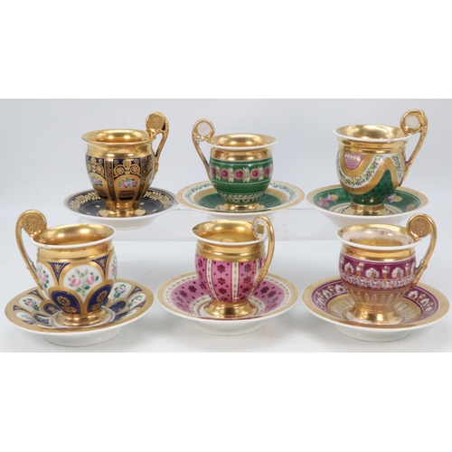 36 - Antique Russian? porcelain cups and saucers, mainly showing wear to the gilding, noted chip to two c... 