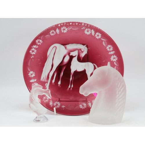 53 - Lalique style glass jumping fish together with a frosted glass horse head and a cranberry style plat... 